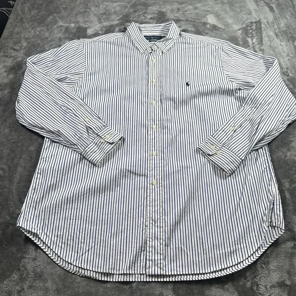 Polo Ralph Lauren Shirt Men’s 17.5” 34/35‎ White/Blue Classic Fit Striped Preppy